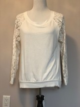 EUC BOBEAU White Lace Sleeve Boatneck Jersey Top SZ L - $535.15 MXN