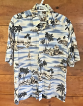 Pierre Cardin Vintage Hawaiian Shirt Mens Large Blue Island Palms Short ... - $21.28