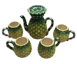 Vintage Pineapple Tea Set Teapot with 4 Matching Mugs Tropical Coffee Tr... - $170.99