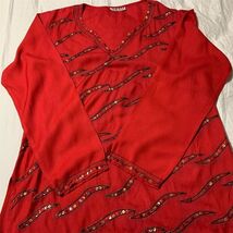 Vintage Setu Red Sequin Beaded V-Neck Blouse Top Women&#39;s M Long Sleeve - $11.88