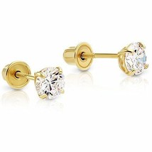 Created White Sapphire Round 14K Solid Yellow Gold Stud Screw Back Stud Earrings - £24.92 GBP