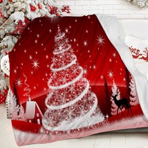 Christmas Throw Blanket Red Twinkle Lights Christmas Tree Deer Silhouette Flanne - £32.07 GBP