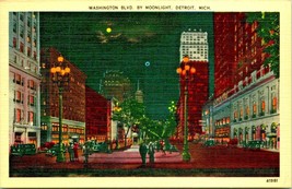 Night View Washington Boulevard Cars Detroit Michigan MI UNP Linen Postcard D14 - £4.05 GBP