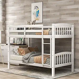 Twin Over Twin Wood Bunk Bed, Sturdy Floor Bedframe With Ladders And Ful... - $564.99