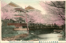 Vtg Postcard 1910s Japan Nagasaki Footbridge &amp; Cherry Blossoms at Nakagawa UNP - £52.84 GBP
