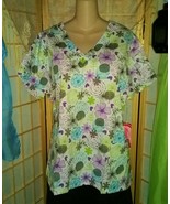 Women&#39;s Purple Blue Lime Colorful Floral Scrub Top~XL~Two Pockets~Cotton... - $26.33 CAD