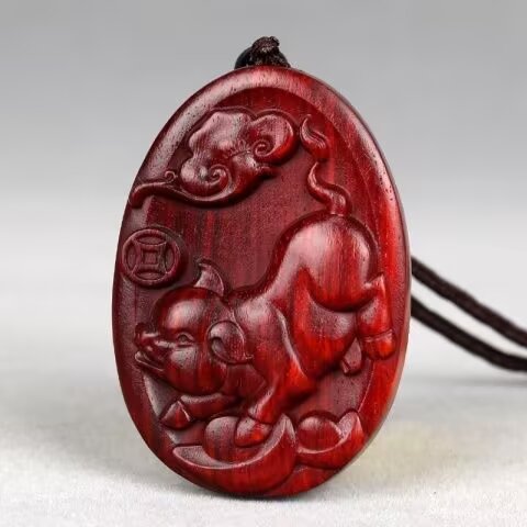 Pig Boar Chinese Zodiac Rosewood Pendant Hand Carved Amulet Gift 5cm Height - $20.00
