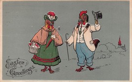 Anthropomorphic Chickens~Hen W/BASKET &amp; Rooster W/HAT~EASTER Greetings Postcard - £8.66 GBP
