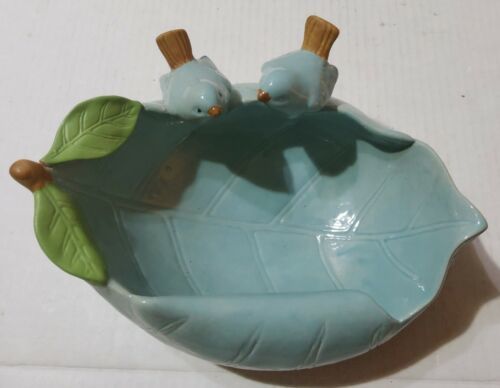 Primary image for Ceramic Leaf Bowl w/ 2 Birds Glazed Blue 8” Trinket Dish Pottery Planter Deep 