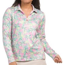 NWT STELLA PARKER Pink Pine Green Palm Sleeve Mock Golf Shirt size L - $39.99