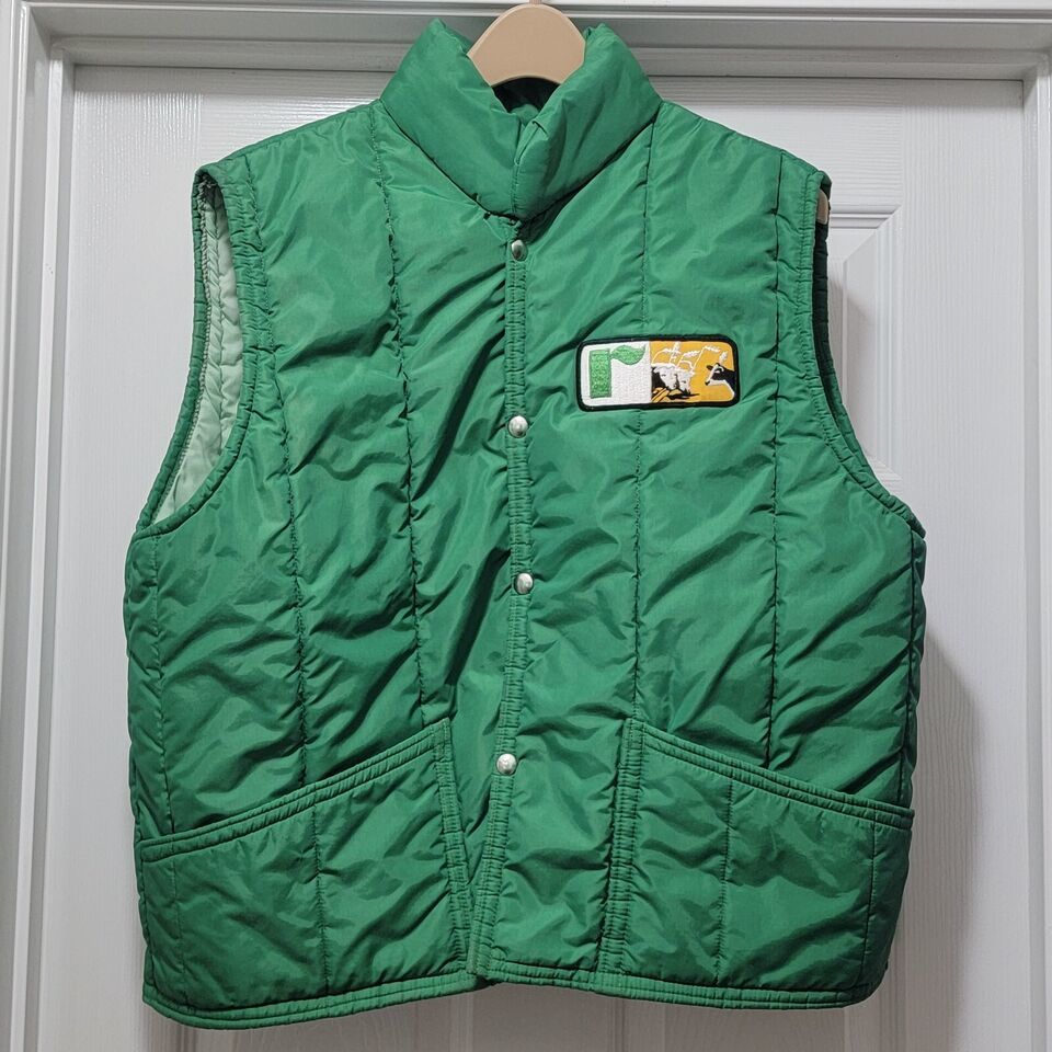 Primary image for 70s American Farmers Green Puffer Vest Nylon Feed & Seed Dairy Cow 70s Mens L