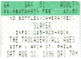 Vintage Slayer Concert Ticket Stub August 10 1996 Trocadero Philadelphia - $27.22