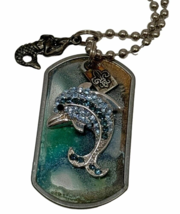 Kate Mesta Crystal DOLPHIN Mermaid Dog Tag Necklace  Art to Wear New - £19.74 GBP
