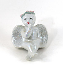 Sitting Angel Cherub Figurine/Shelf Sitter Blowing A Kiss With A Halo Ceramic 4&quot; - £10.16 GBP
