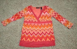 Womens Shirt Axcess Pink &amp; Orange Zigzag Long Sleeve Surplice Mesh Top $42-sz S - £13.45 GBP