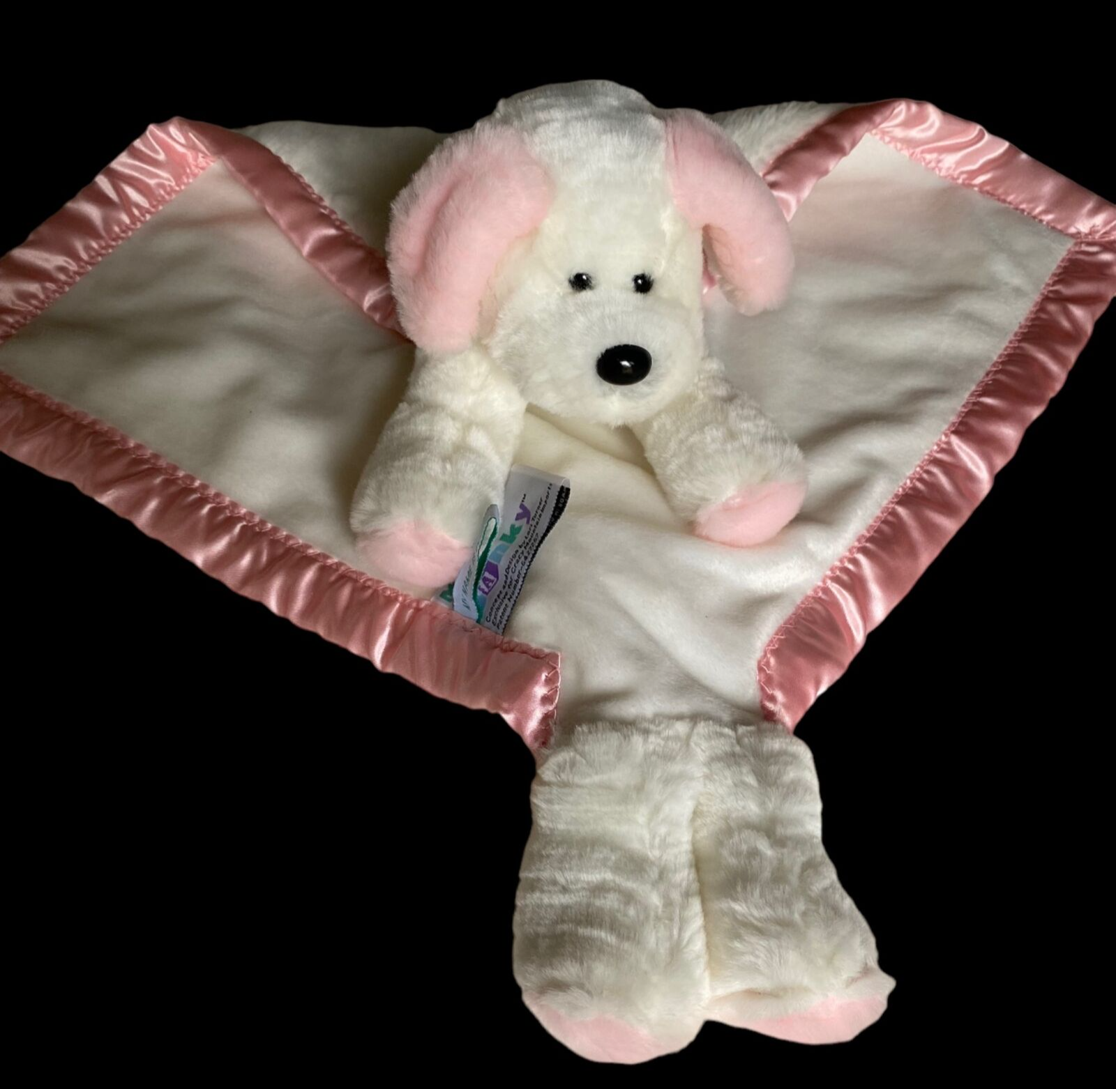 My Banky Dottie Puppy Dog Plush Security Blanket White Pink Satin Trim Lovey - $14.99