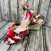 Betsey Johnson Athena Wedge Sandal Strap 6m Red Gingham Check Floral Rope - £54.72 GBP
