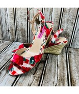 Betsey Johnson Athena Wedge Sandal Strap 6m Red Gingham Check Floral Rope - £55.46 GBP