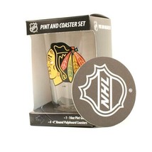 Chicago Blackhawks 16OZ Pint Glass Set Comes With 4 Coasters New And Team Logo - £16.86 GBP