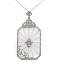 Art Deco 10k Gold Filigree Rock Crystal and Diamond Pendant w/14k Chain ... - $430.65