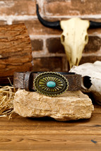 Chestnut Retro Turquoise Plate Decor Embossed Faux Leather Belt - $233.21 MXN