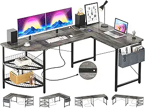 L Shaped Desk With Power Outlet, 98.4&quot; Reversible Corner Computer Table ... - $240.99