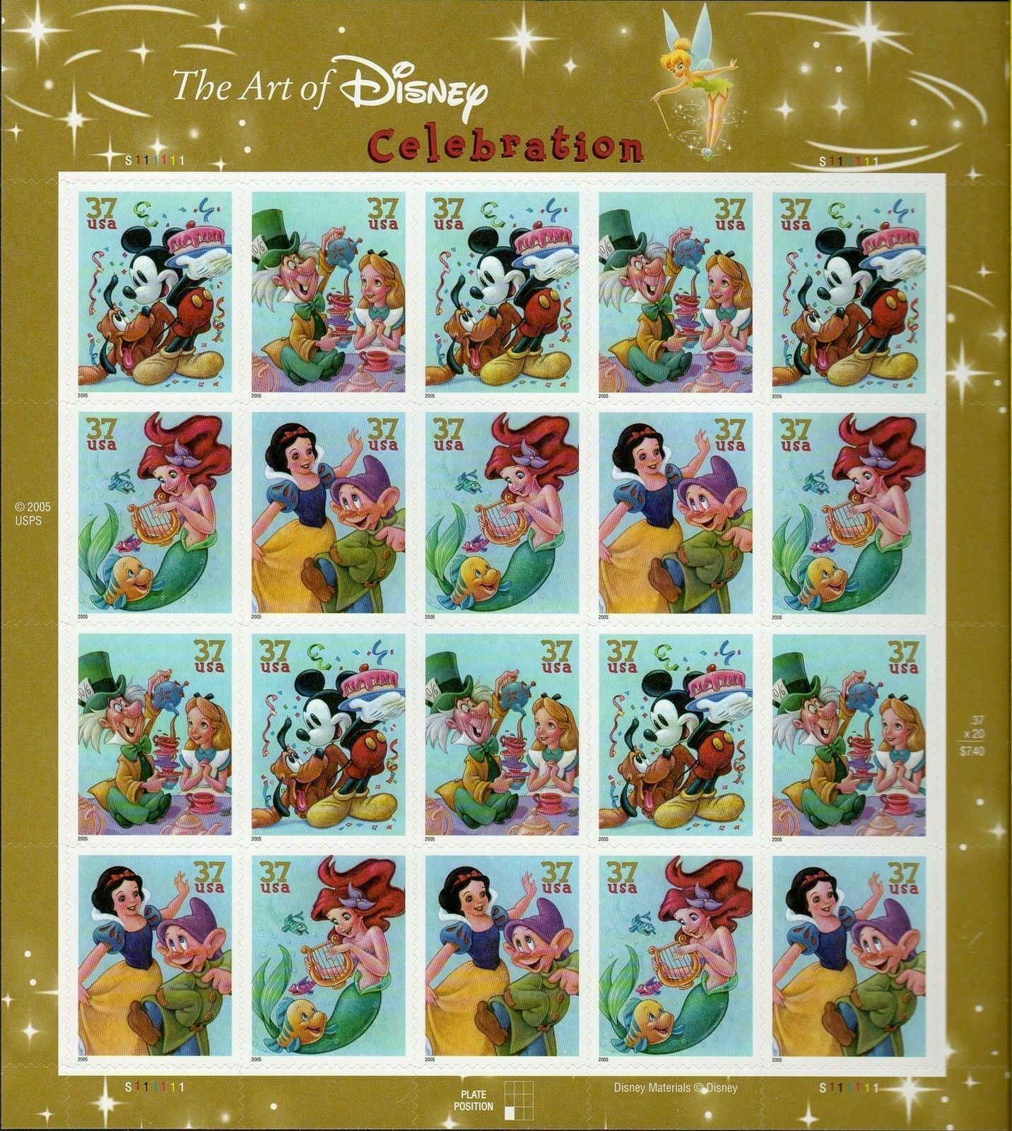 Primary image for 2005 DISNEY 37 Cent U.S.A. STAMPS - FULL PANE - CELEBRATION SERIES - 20 Stamps