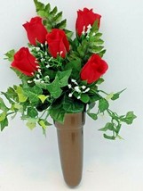 Crypt Mausoleum Vase &amp; Silk Red Rose Flowers w/ Bolt Button Support - £76.57 GBP