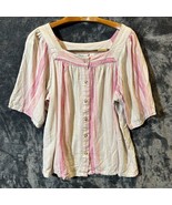 Cafe Marrakesh Blouse Top Womens Large Striped Pink Linen Rayon Boho But... - £7.24 GBP