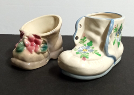 Pair of Ceramic Shoe Baby Shower Planters Decor Vtg Figurines 4&quot;+ ea. c1950s - £16.07 GBP