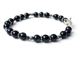 Black Onyx &amp; Snowflake Obsidian Bead Bracelet, Onyx Bead Bracelet, Snowflake Obs - £20.05 GBP