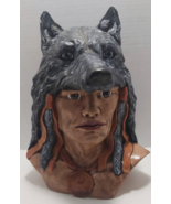 indigenous tribal bust wolf headdress ceramic signed Chris Koch 1990 - £76.67 GBP