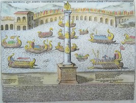 Rome, Tiber, War Fleet, engraving by Rossi / Lauro, 1699, Columna Rostra... - $85.94