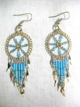 Hand Made Spiral Star Spirit Dreamcatcher W Baby Blue Beads Hook Wire Earrings - £7.90 GBP