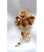 Vintage Flora Stemmed Rose Flower Brooch Pin Prong Set Open Back Rhinest... - £55.14 GBP