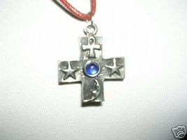 New Cast Pewter Celestial Square Cross Pendant W Blue Crystal Gem Adj Necklace - $8.50