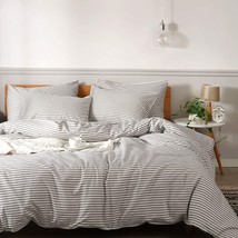 JELLYMONI 100% Natural Cotton 3pcs Striped Duvet Cover Sets,White, Queen Size - £41.55 GBP