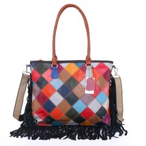 2022 Summer New Genuine Leather Women Bag Color Stitching Plaid Tassel Handbag F - £82.36 GBP