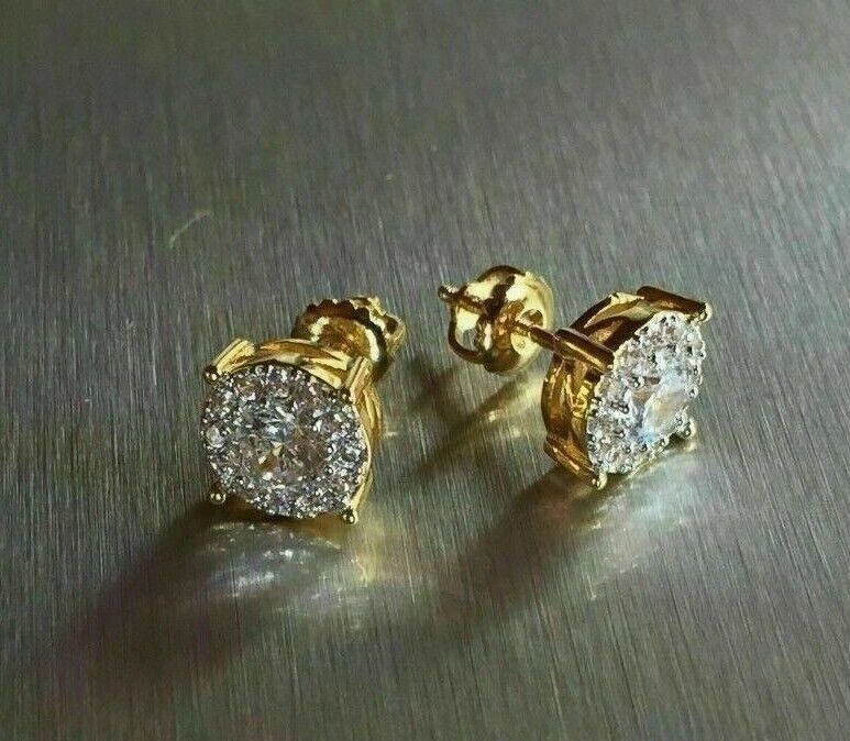 1.50Ct Round Simulated Diamond Cluster Stud Earrings 14k Yellow Gold Plated - £64.34 GBP