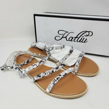 Katliu Women&#39;s Flat Strappy Studded Rhinestone Gladiator Sandals Size 9 - £22.08 GBP