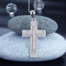 Micro Setting Simulated Diamond Unisex Cross Pendant Necklace 14k White Gold Fn - £65.40 GBP