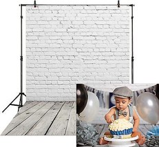 Fabric 5x7FT White Brick Wall with Wooden Floor Photography Backdrops Photo Back - £28.16 GBP