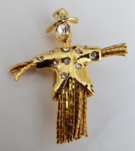 Scarecrow Brooch Pin Chain Straw Hands Body Gold Tone Rhinestones 1 5/8 x 1 1/2&quot; - £23.84 GBP