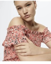 Mango Summer Smoked Ruffles Red Orange  Paisleys Off The Shoulder Mini D... - $29.00