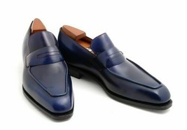 Handmade Men Navy Blue Leather Moccasins Shoes, Men Blue Leather Shoes - £112.17 GBP