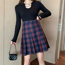 Navy Blue Plaid Skirt Outfit Women Plus Size Knee Length Pleated Plaid Skirt image 2