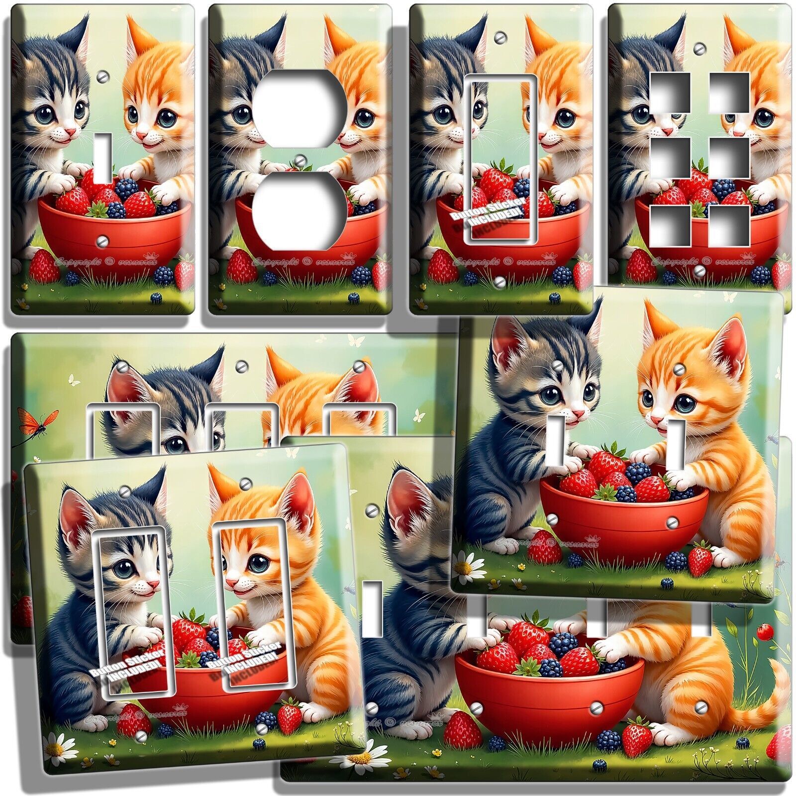 CUTE CATS MUNCHKIN KITTENS BERRIES BOWL LIGHT SWITCH OUTLET WALL PLATE ART DECOR