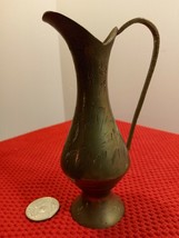 Vintage Miniature Solid Brass Pitcher Vase with leaf etching design 5 1/... - $13.37