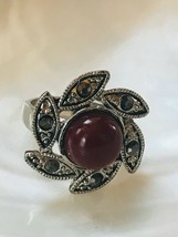 Estate Large Faux Marcasite Silvertone Flower with Rusty Red Plastic Cab Center - $11.83