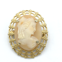 CARVED SHELL cameo brooch - vintage oval pin gold-tone filigree setting 1-3/8&quot; - £19.98 GBP